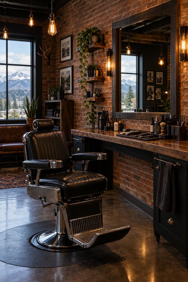 Barbershop interior with vintage chair and warm lighting
