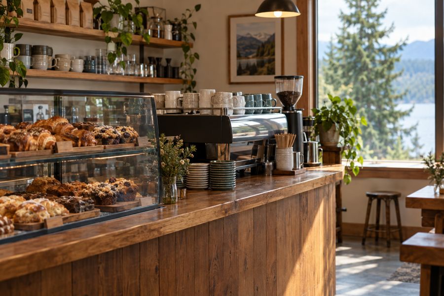 Coffee shop counter with espresso machine and pastries