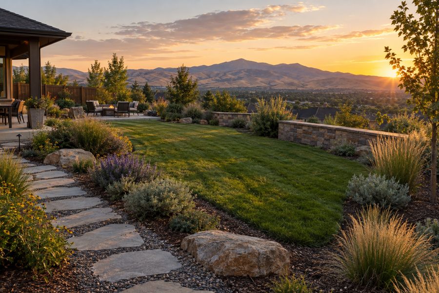 Finished backyard landscaping with stone path and foothills